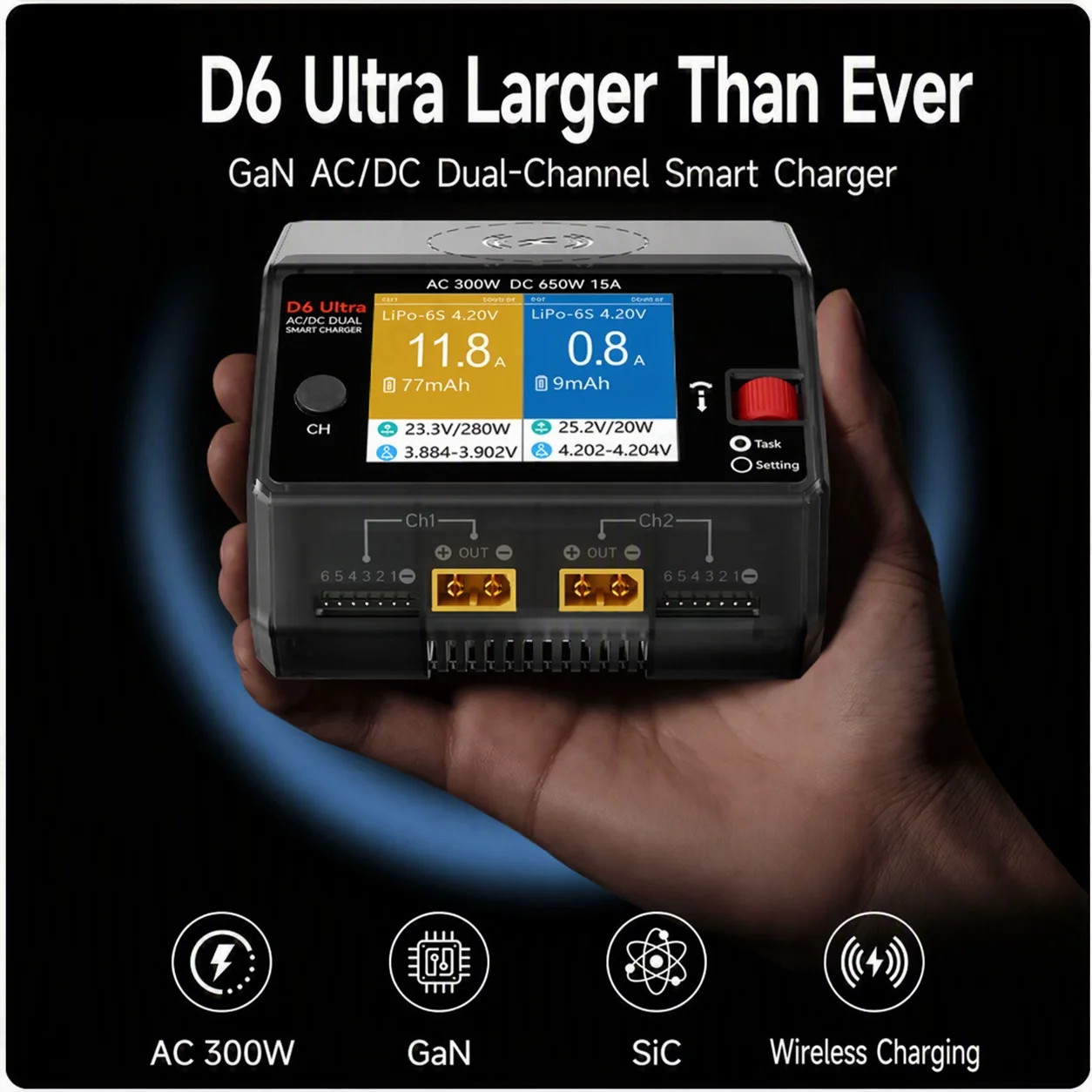 D6 Ultra Dual Channel Smart Charger GaN AC300W DC650W 15A for 1-6S LiPo FPV Drone RC Battery European standard