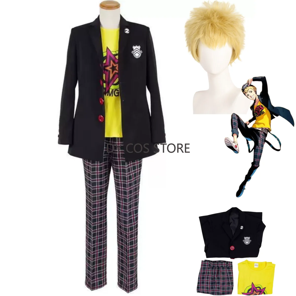 Disfraz de Anime Ryuji Sakamoto, disfraz de calavera, Japón, Corea del Sur, uniforme escolar JK, abrigo, camiseta amarilla, peluca, traje de campus para hombre adulto