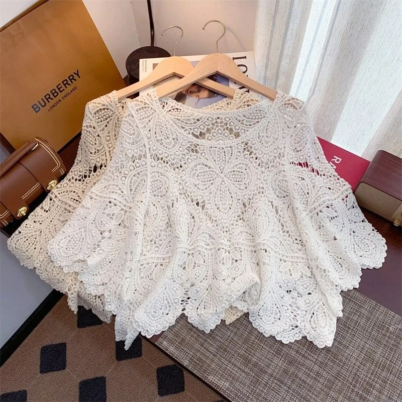 Summer Three Quarter-sleeve Hollow Out Top 2025 Summr New Versatile Retro Sweet Lace Cut-out Crochet Shawl Cropped Top