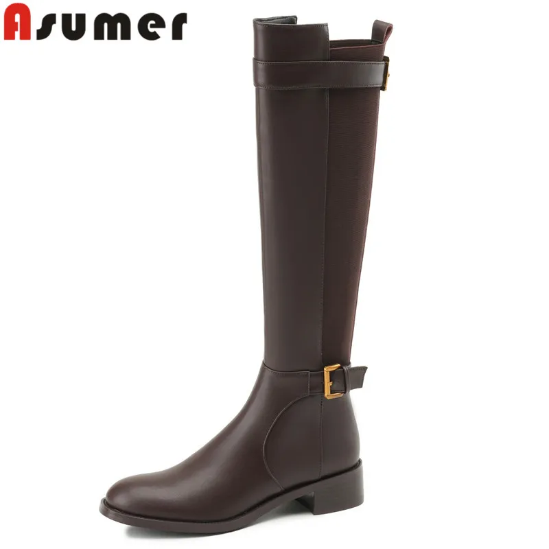 

ASUMER 2024 New Popular Genuine Leather Knee High Boots Square Med Heels Zipper Boots Female Buckle Autumn Winter Boots