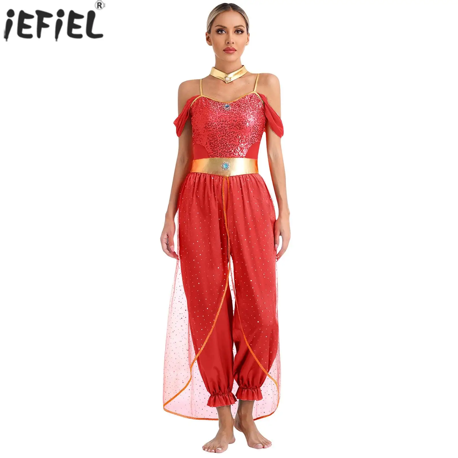 

Arabian Princess Indian Dance Costumes Women Sequin Spaghetti Strap Shiny Jumpsuit with Choker Collar Performance Uniforms