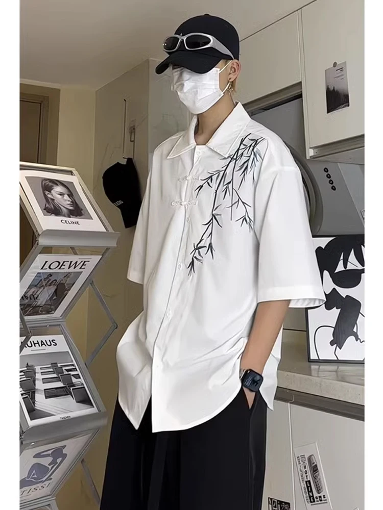 

New Chinese Sle Men's ort Sve irt Ice Silk Bamboo Le Embroidery Five Sve Tang Costume Stand Fit Breathable S...