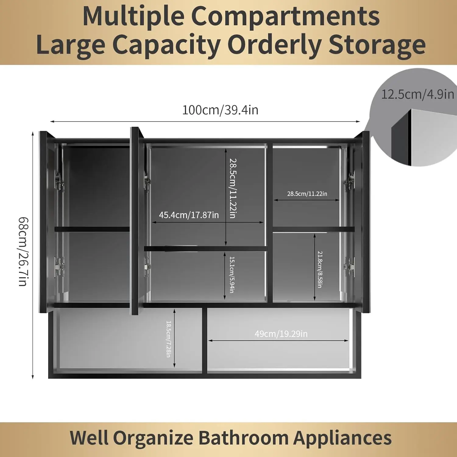 Fitsai Bathroom 3 Doors Medicine Cabinet With Mirror,Aluminum Bathroom Mirror Cabinet,35.4 X 27.6 Inches,Waterproof And Rust