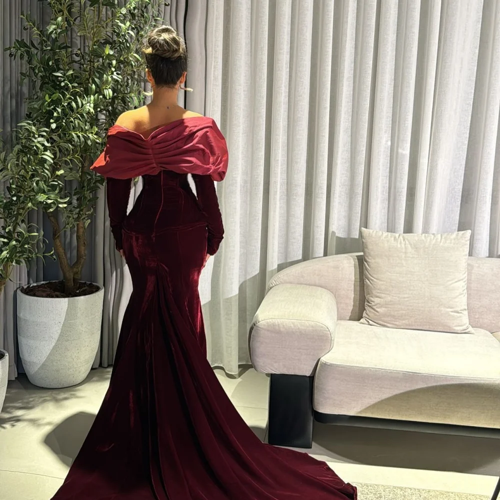 Bella Customized Red Mermaid Velvet Shawl robes de soirée Long Sleeves Evening Dresses Floor-Length Strapless Wedding Dress 2024