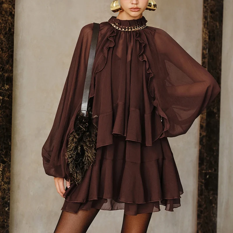 Vintage Lantern Long Sleeve Chiffon Tops&Halter Dress Sets Casual Loose Solid Color Vacation Sets Elegant Lady Hollow Out Suits