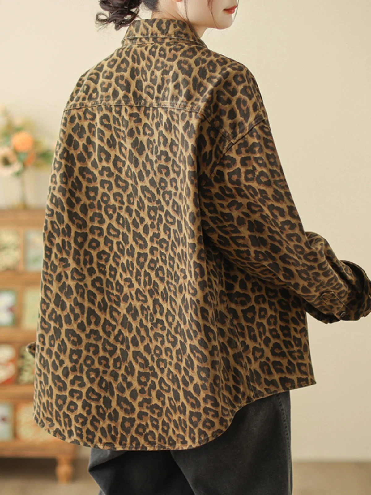 Coupe ample imprimé léopard irt femmes grande taille printemps nouveau Sle Faion vêtements d'extérieur coton Long Sve Henry col mi-long