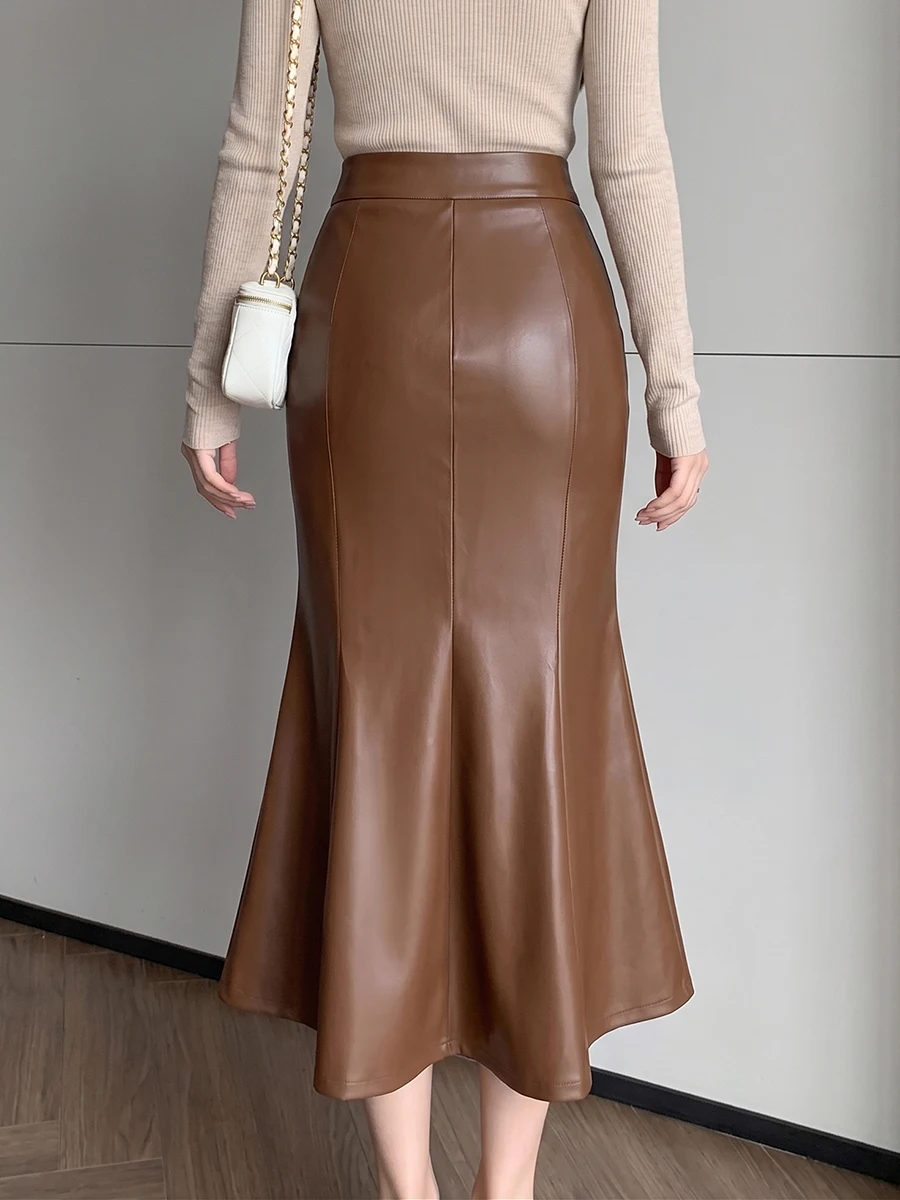 Women Leather Midi Skirt High Waist Elegant Vintage Mermaid Skirts Autumn Winter Brown Slim Trumpet Long Skirt Office Lady 2026