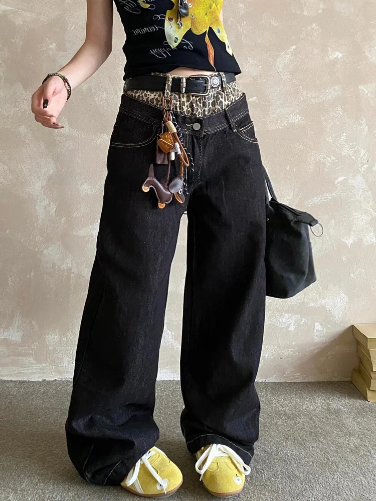 

American Retro Design Leopard Print Waistband Patchwork Loose Straight Leg Floor-Length Jeans Women's Spicy Fake Two-Piece