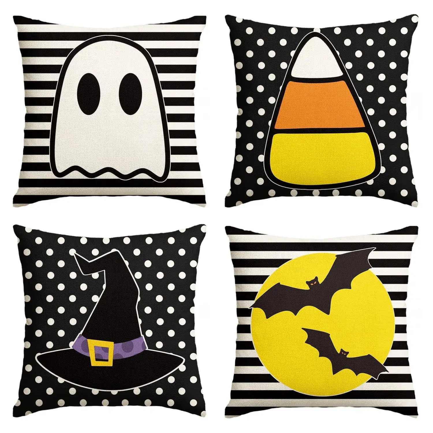 Polka Dot Stripe Bat Ghost Halloween Throw Pillow Covers 4-Pack 18 x 18 Inch