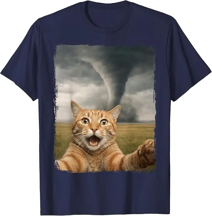 Cat Tornado Selfie Meteorologist T-Shirt Y2k Cat Funny Storm Chaser Storm Chasing Graphic Tee Women Men Aesthetic Clothes Gifts