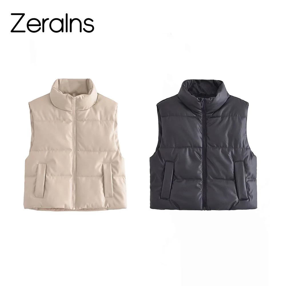

ZERAINS 2025 autumn new women's versatile casual black faux leather stand up collar sleeveless cotton vest vest vest