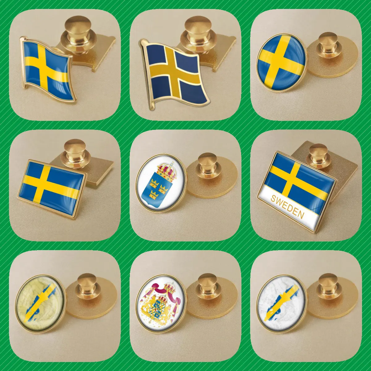 Sweden Swedes Swedishs Flag National Emblem National Flower Brooches Badges Lapel Pins