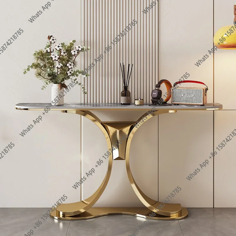 JStainless Steel Rock Slab Entrance Table Light Luxury Modern Art Entrance Table Foyer Strip Case End View Table Against The Wal