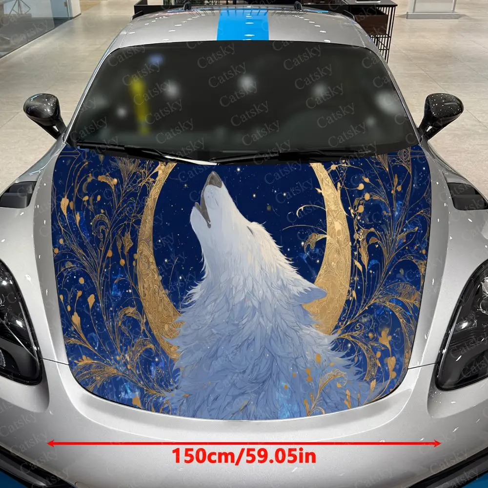 Moonlit White Wolf Car Vinyl Wrap, PVC Waterproof Car Hood Sticker, Self-Adhesive Scratch-Resistant Stickers for Engine Cover