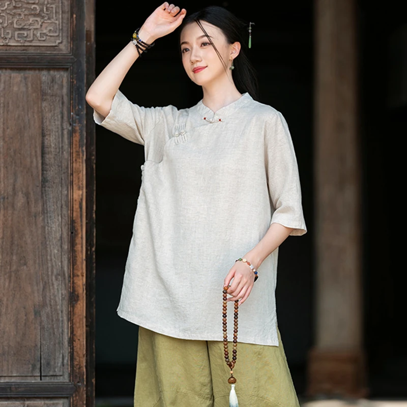 Chinesischen Stil Frauen Casual Shirt Neue Ankunft 2025, Sommer Vintage Stehkragen Lose Weibliche Halbe Hülse Tops Shirts M1846