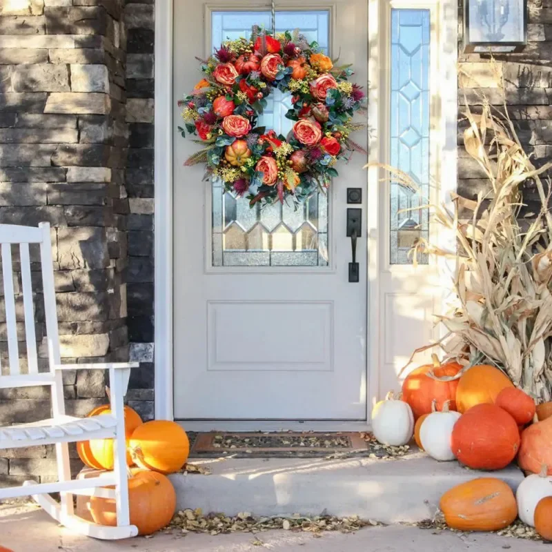 40cm Fall Peony Pumpkin Sunflower Wreath for Front Door Festival Celebration Home Farmhouse Decoration Thanksgiving Wreath