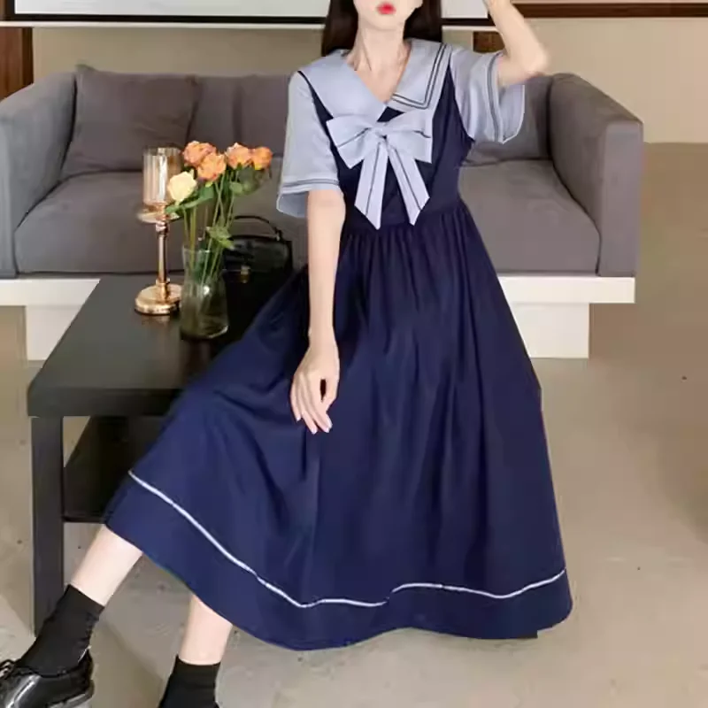 الصيف حجم كبير الحلو القوس البحرية طوق الحد من العمر فستان طويل كلية قصيرة الأكمام الربط وهمية اثنين فساتين اليابانية لطيف #5