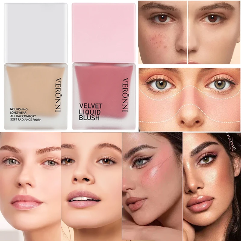 4 Farben Liquid Blush & Face Liquid Foundation Set vollflächige Concealer wasserdichtes Gesichts erröten für den täglichen Gebrauch von Frauen partys