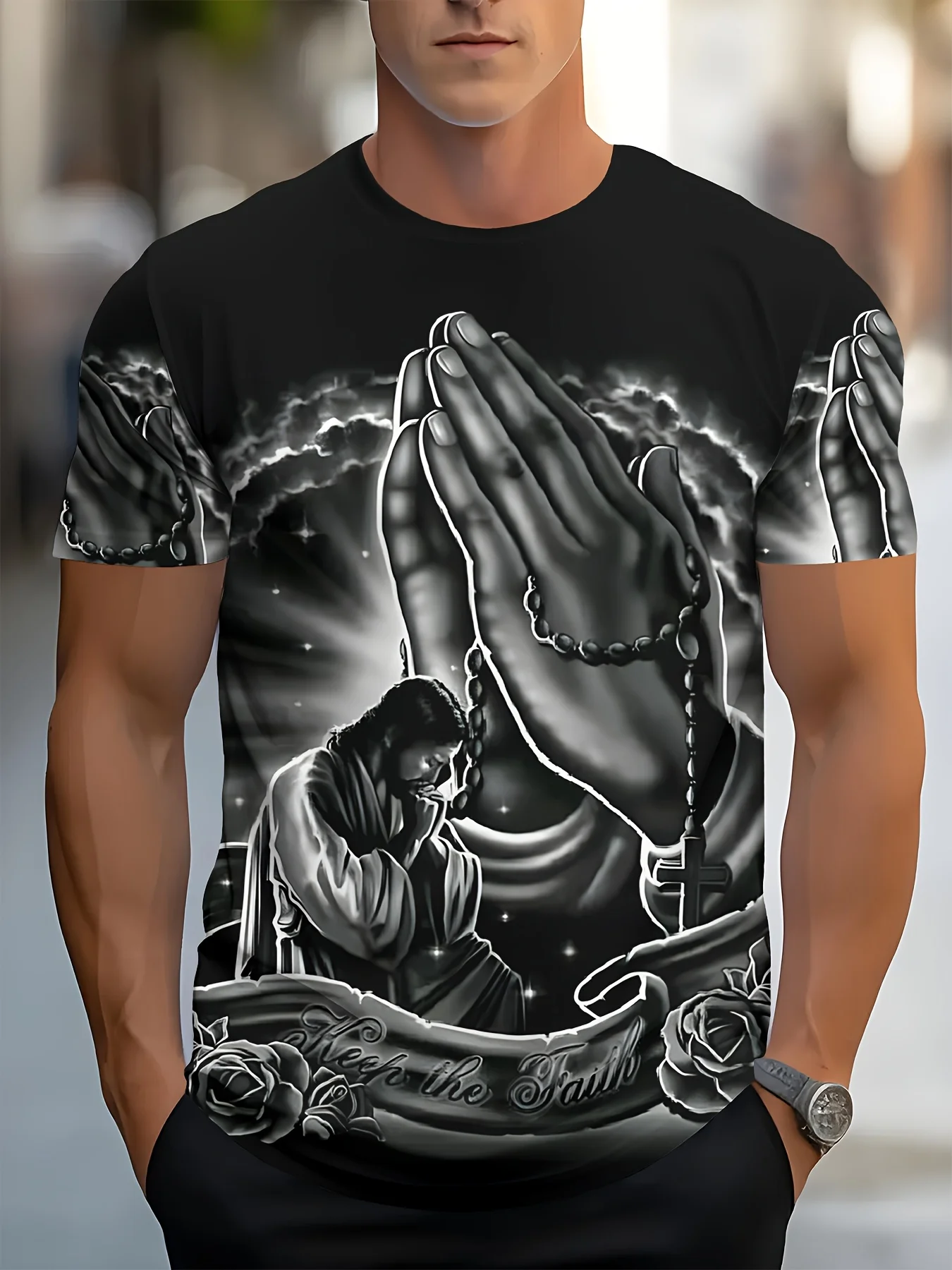 Men's Prayer Hands Cross Rose Print T-Shirt Casual O-Neck Short Sleeve Faith Religious Graphic Tee Daily Tops