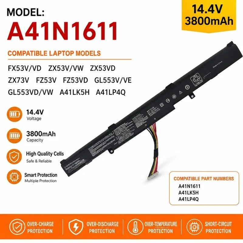 High Capacity Laptop Battery A41N1611 for ASUS FX53V ZX53V FZ53V ZX73V GL553VD Replacement Battery