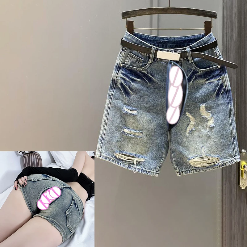 Summer Open Crotch Nightclub Sexy Mini Shorts Light Blue Ripped Jeans Women Boyfriend Denim Pants Baggy Outdoor Exotic Hotpants