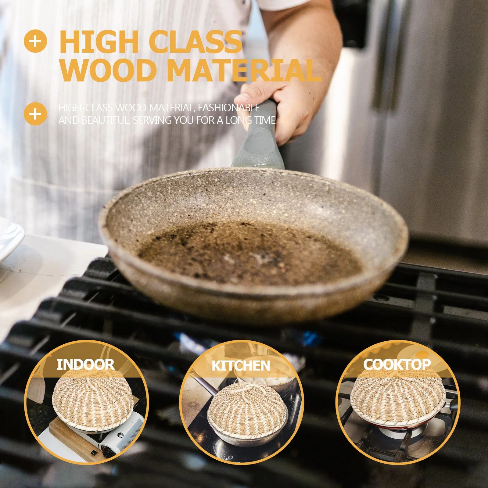 

Reed Stem Wooden Pot Cover Heat Resistant Solid Handle Protective Kitchen Pan Lid Household Cooking Tool