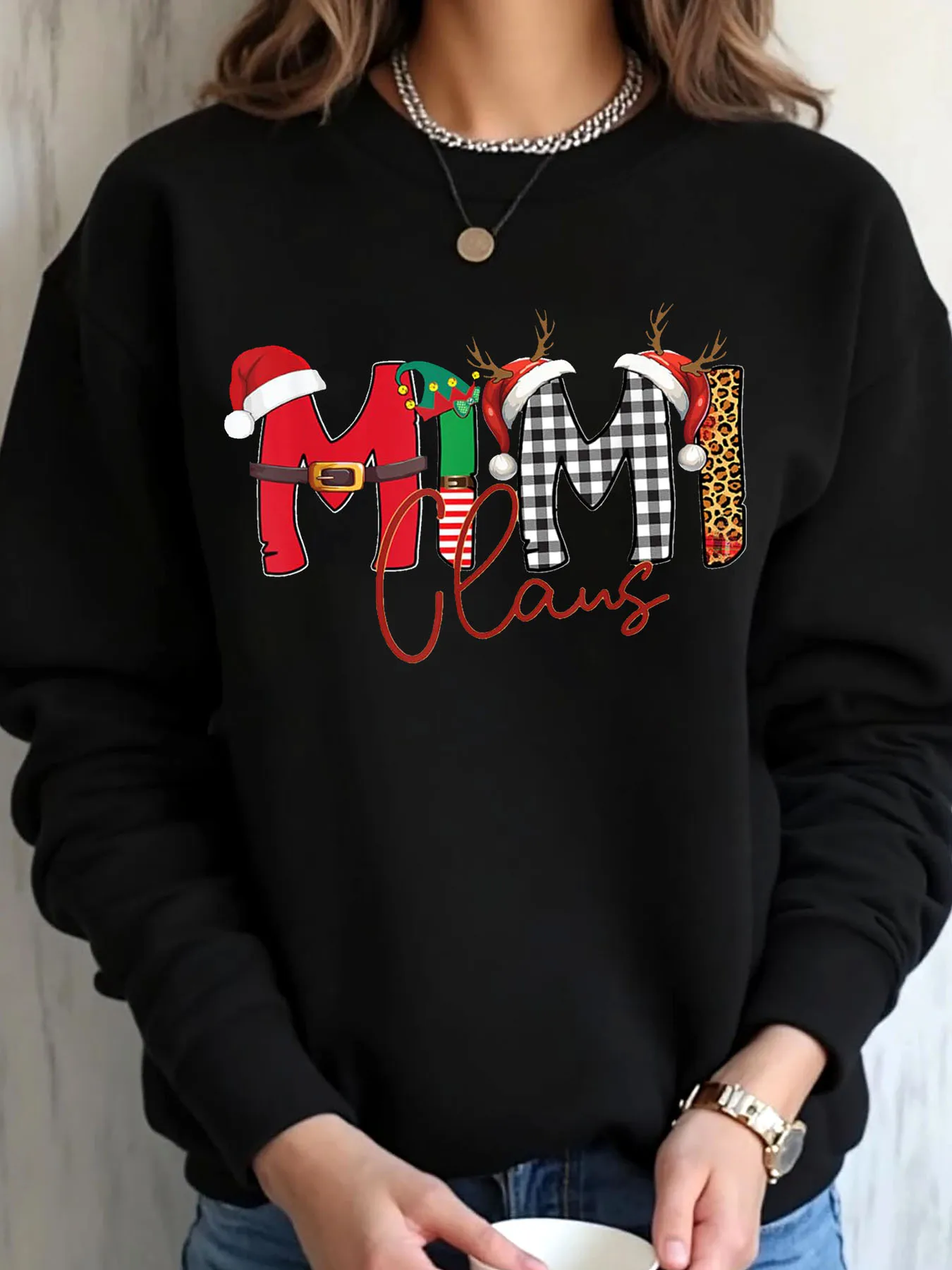 Women Oversized Sweatshirt Christmas Grandma Claus Print Outdoor Wear