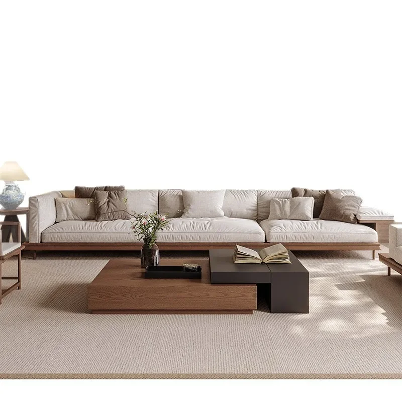 Solid wood straight row technology fabric sofa set new Chinese zen living room home zen high sense