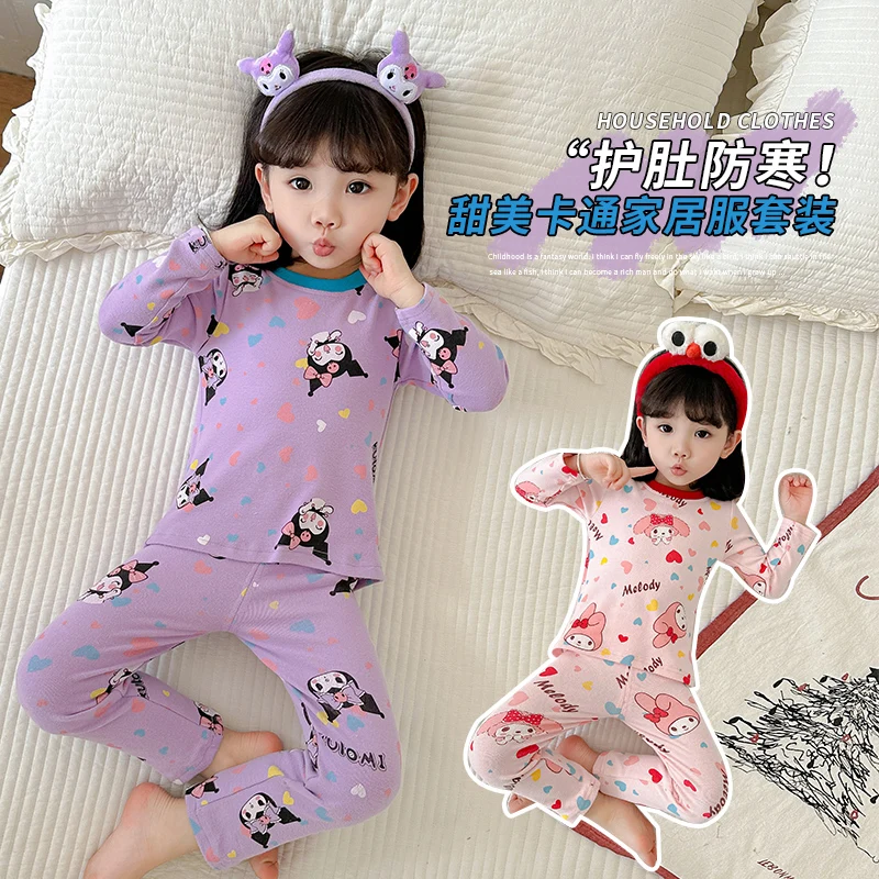 New Cute Sanrioed Children Thermal Underwear Autumn Pants Anime Kuromi My Melody Kids Home Clothes Pajamas Girls Sleepwear Gift