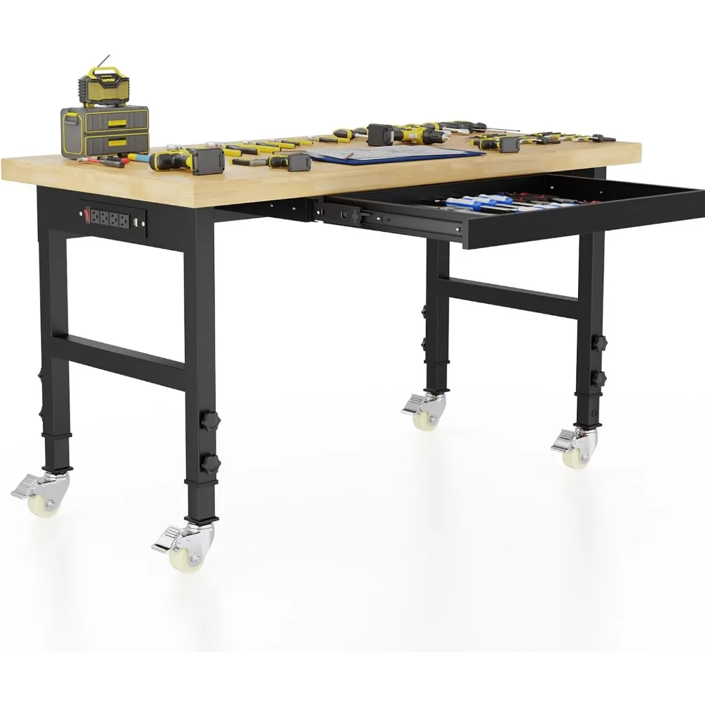 48'' Adjustable Workbench, Solid Wood Work Bench Table with Wheels and Power Outlet, Rolling Workbench