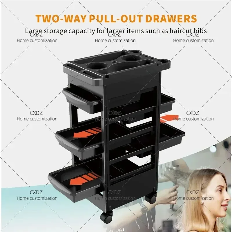 5 Layer Hairdressing Cart with Dye Bowl and Dryer Holder 360 Degree Rotating Mobile Storage Trolley PP Material for Salon