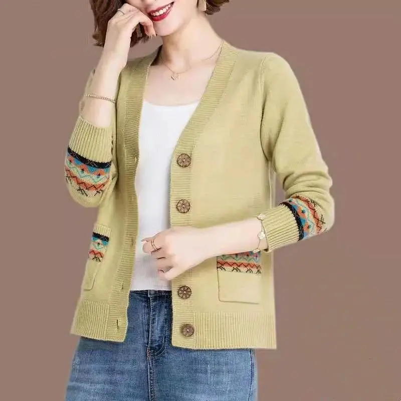 Spring Autumn Folk Vintage Sweaters Coats Button Cardigans Long Sleeve V-Neck Loose Fashion Woman Pockets Knitted Casual Jumpers