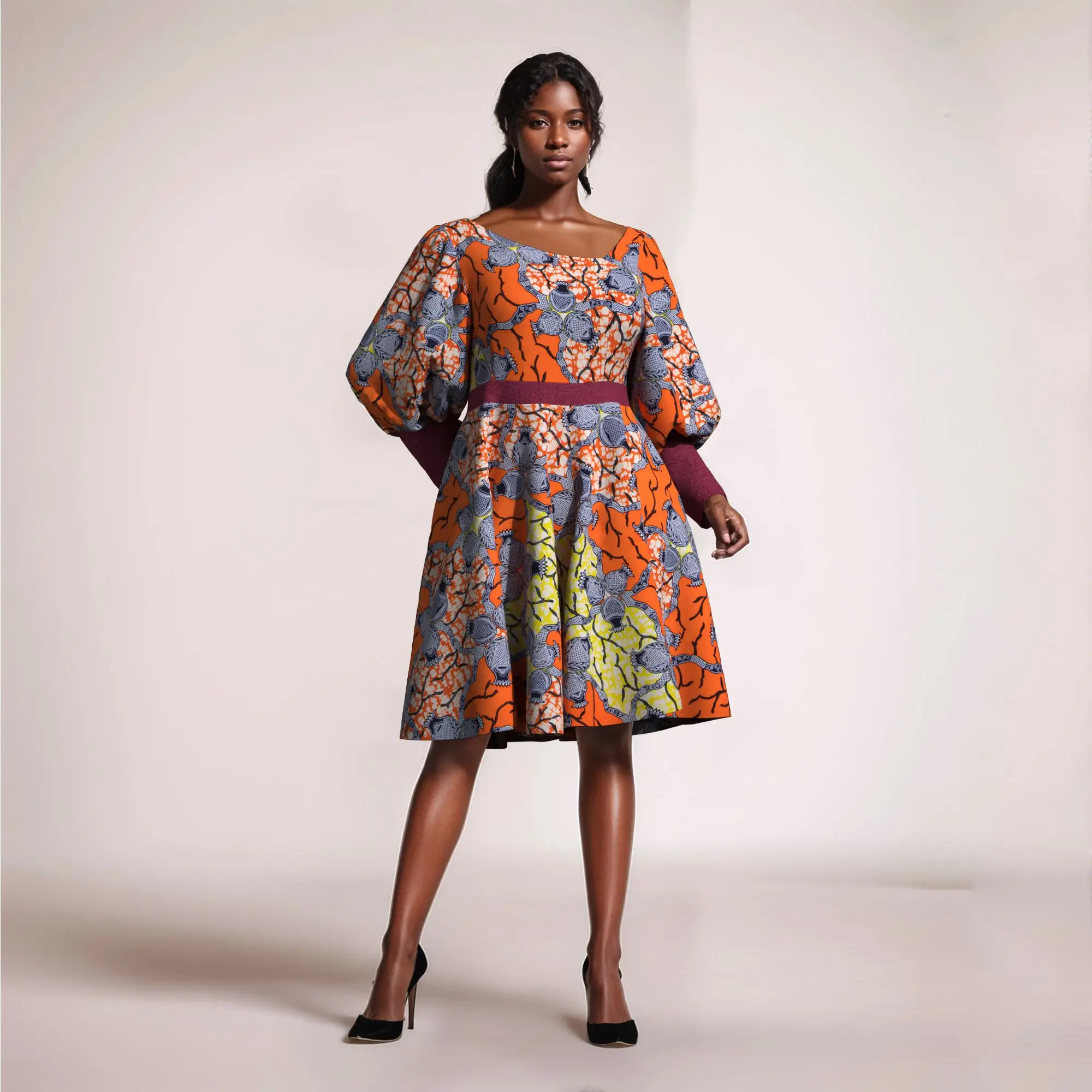 

ORIENTAR African Wax Print Dress for Women Batik A-Line Casual Day Dress Bubble Sleeve High Waist Knee-Length Daily Wear WY11043