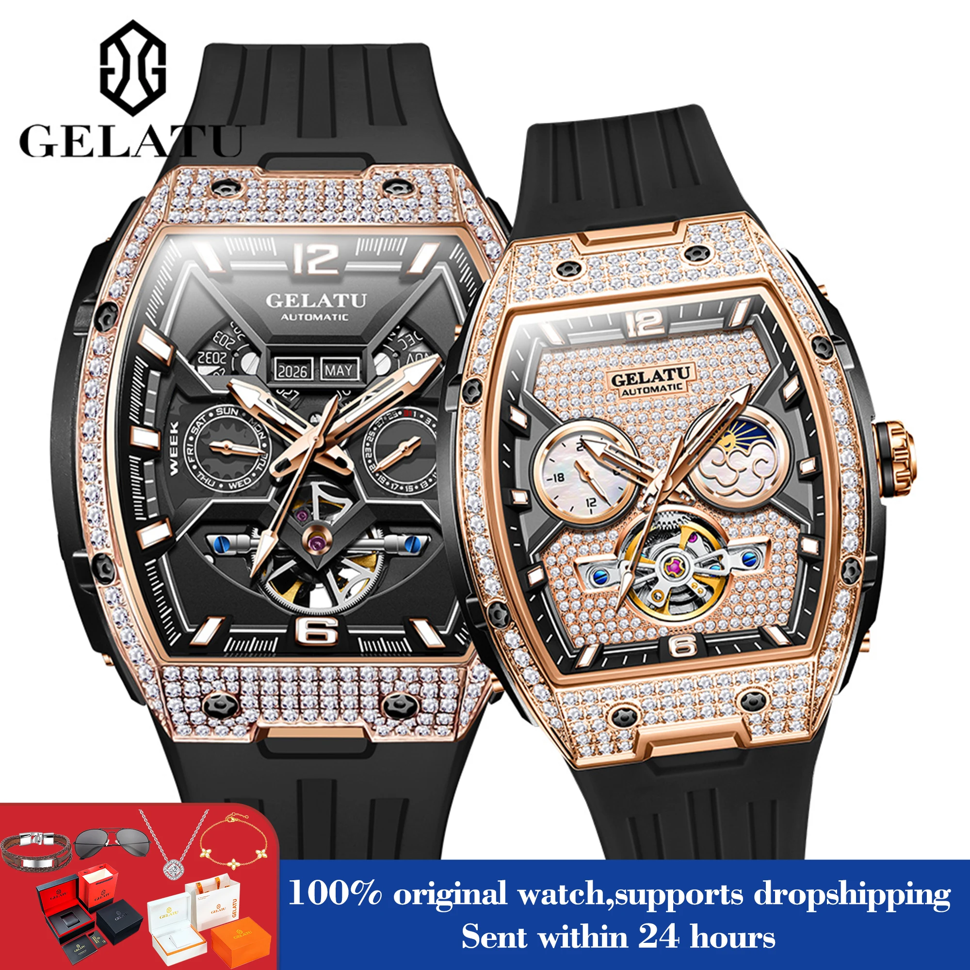 

GELATU 6016 Механические часы для пар для мужчин и женщин Синтетическое сапфировое зеркало 50 м Водонепроницаемые оригинальные модные автоматические ручные часы
