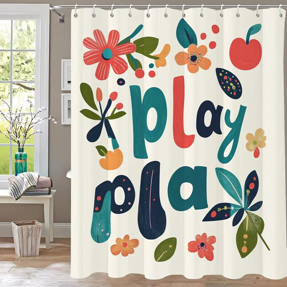 1pc Cartoon little Flowers Print Shower Curtain Partition Privacy Hanging Bathroom Curtain with 12 Hooks Machine Washable