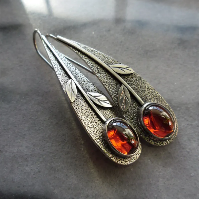 

Vintage Metal Hand Carved Leaf Flower Earrings Fashion Hand Inlaid Red Crystal Hook Earrings Women Jewelry