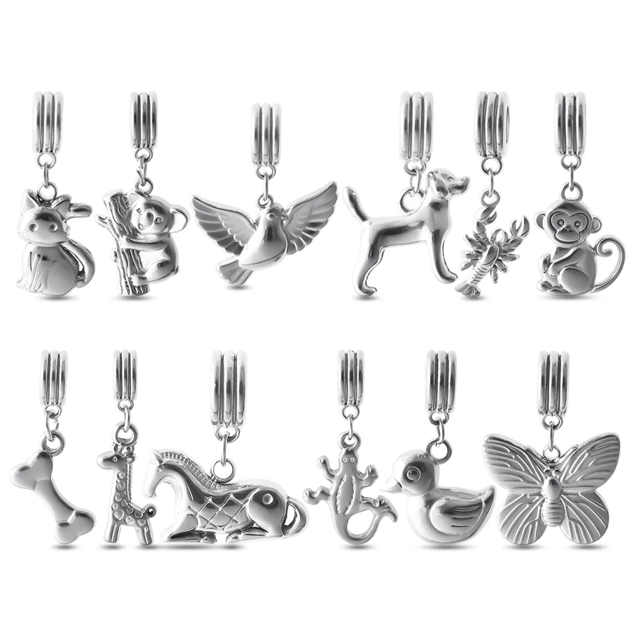 2pcs Different Animal Stereoscopic Dove Butterfly Dog Pendant Stainless Steel Charms For Jewelry Making Bracelets Necklace Gift