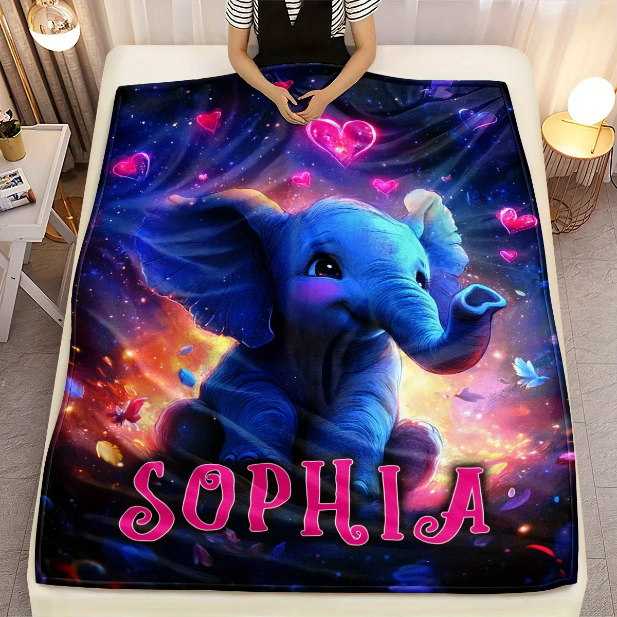 Manta de elefante con nombre personalizado, manta de franela ligera, adecuada para sofá, sala de estar, sillas y camas de oficina