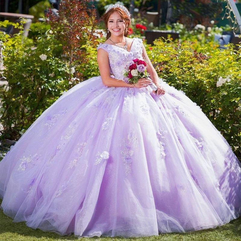 Lavanda dulce 16 vestido De quinceañera con cuello en V, apliques De lentejuelas, flores, vestido De fiesta De princesa, 15 Años, 2024