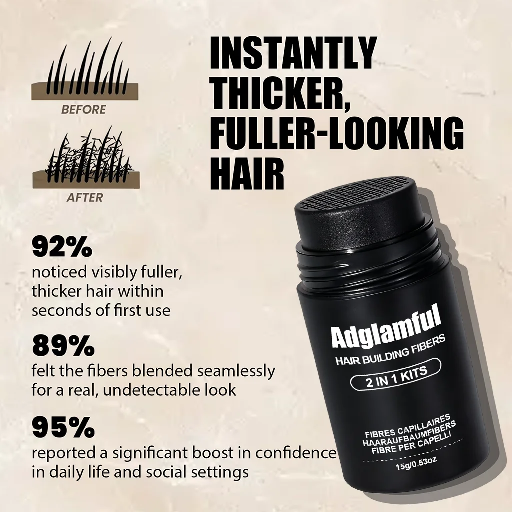 Adglamful Hair Fiber Kit: 2 Fiber Powders + Spray Bottle for Instant Thickening & Volume – Quick 30 Sec Styling