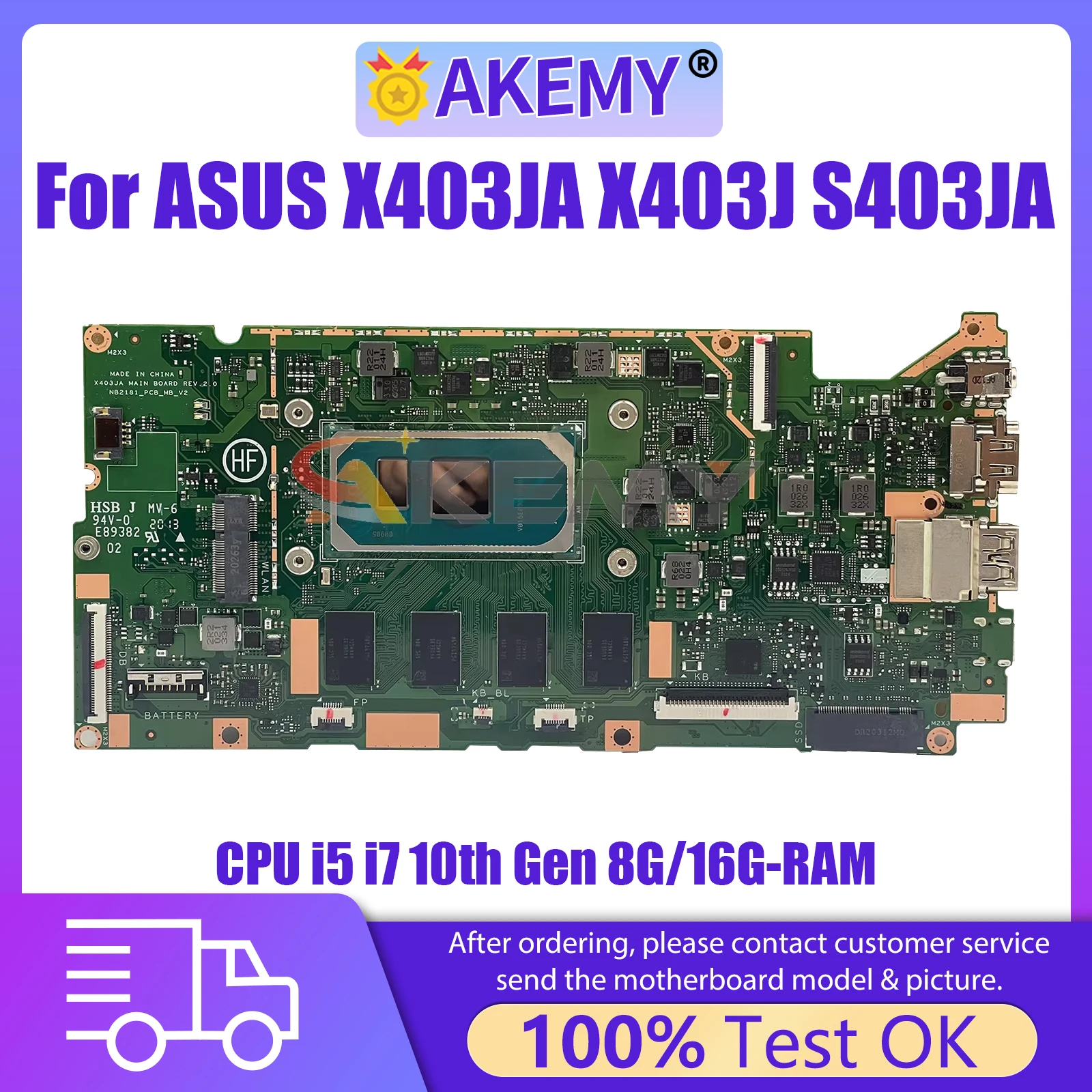 

AKEMY X403JA Laptop Motherboard For Asus VivoBook 14 S403JA X403J X403JA Notebook Mainboard i5-1035G1 i7-1065G7 CPU 8G/16G RAM