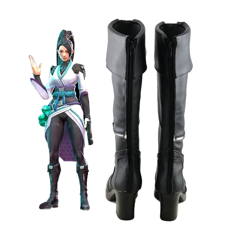 Valorant-sage cosplay sapatos de couro de salto alto meados de bezerro botas halloween masquerade carnaval desempenho festa traje adereços
