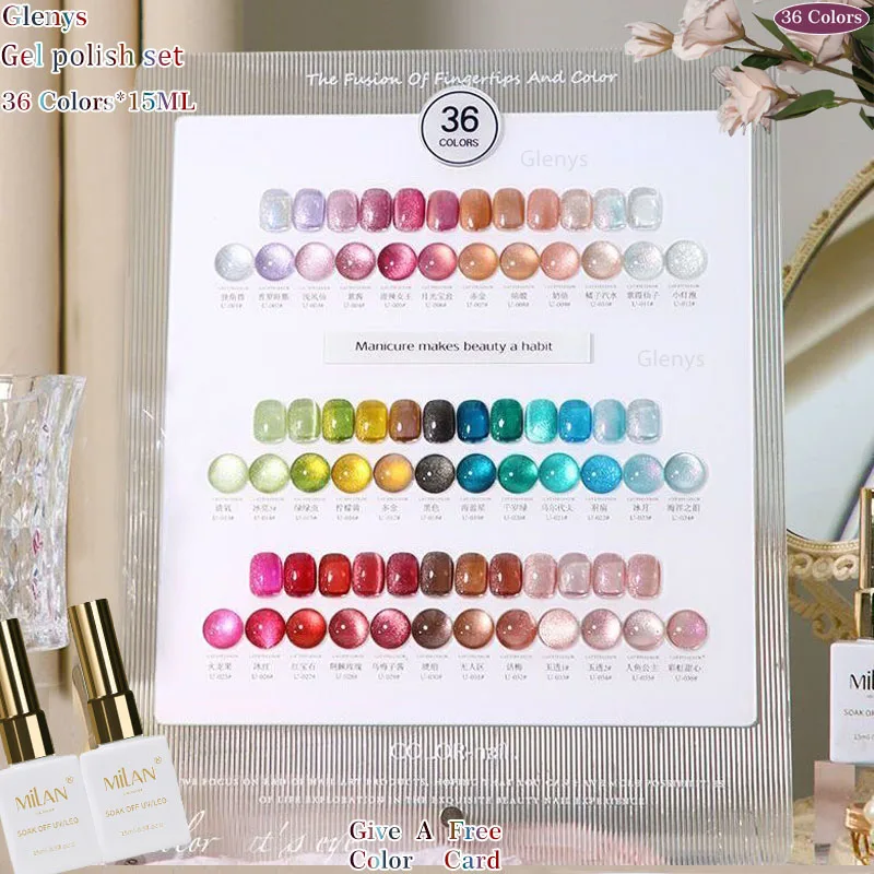 

Glenys 36 Color Crystal Cat's Eye nail polish Glue Hot Sold All over the Network Soaking gel Color Matching Card UV LED Varnish