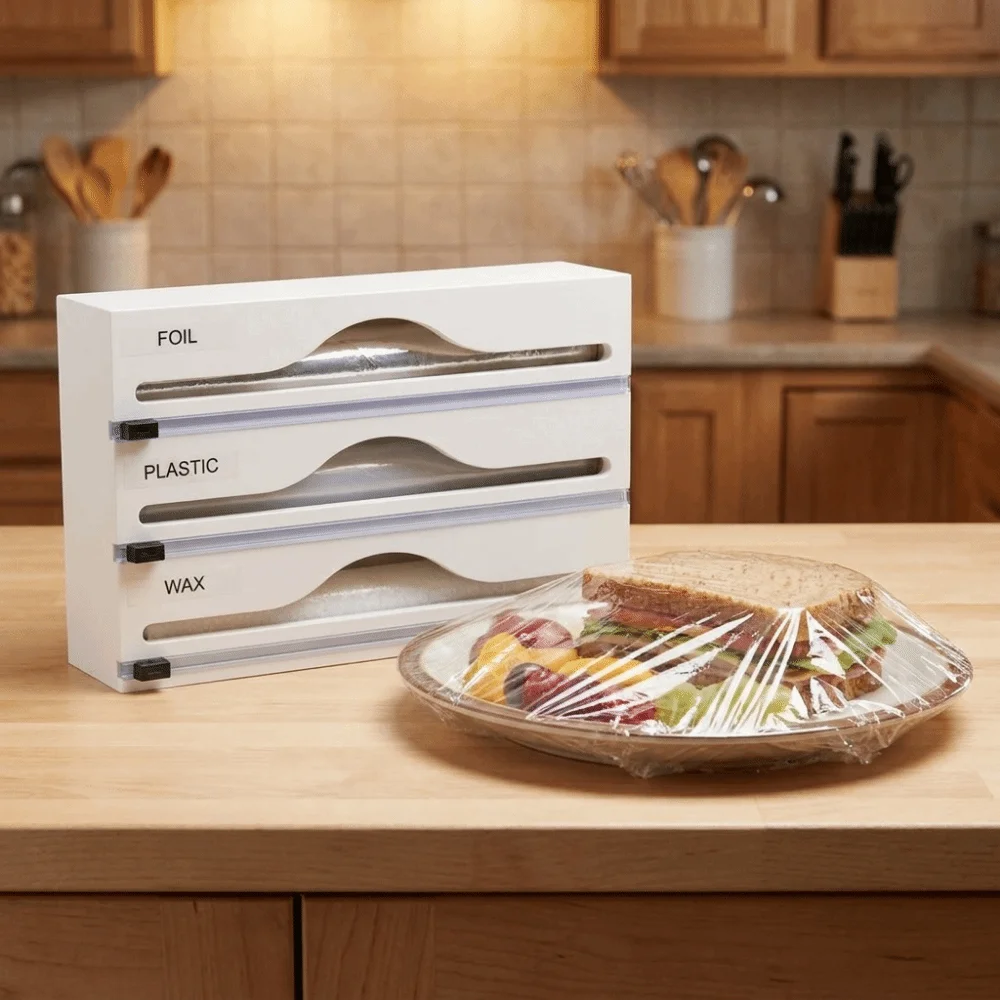 Bamboo Cling Film Cutter Box Wall Mounted Refillable Tin Foil Cutter Minimalist 2 /3 Grids Fresh Bag Cutting Holder