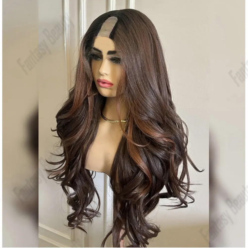 

Loose Wave Remy European Hair 1x4 Size V Part Wig Human Hair for Women Copper Brown Hightlight Glueless U Part Wig with Clips