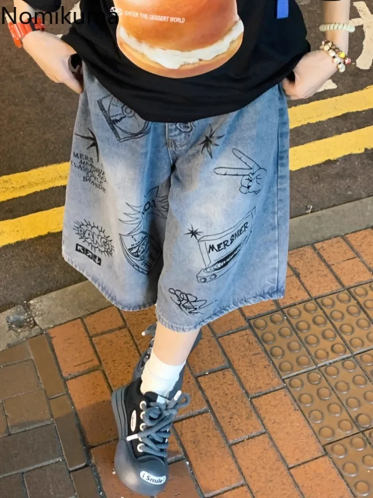 

Jean Shorts for Women Oversized Y2k Wide Leg Pants 2024 New Bottoms Retro Graffiti Casual Short Mujer Pantalones Cortos De Mujer