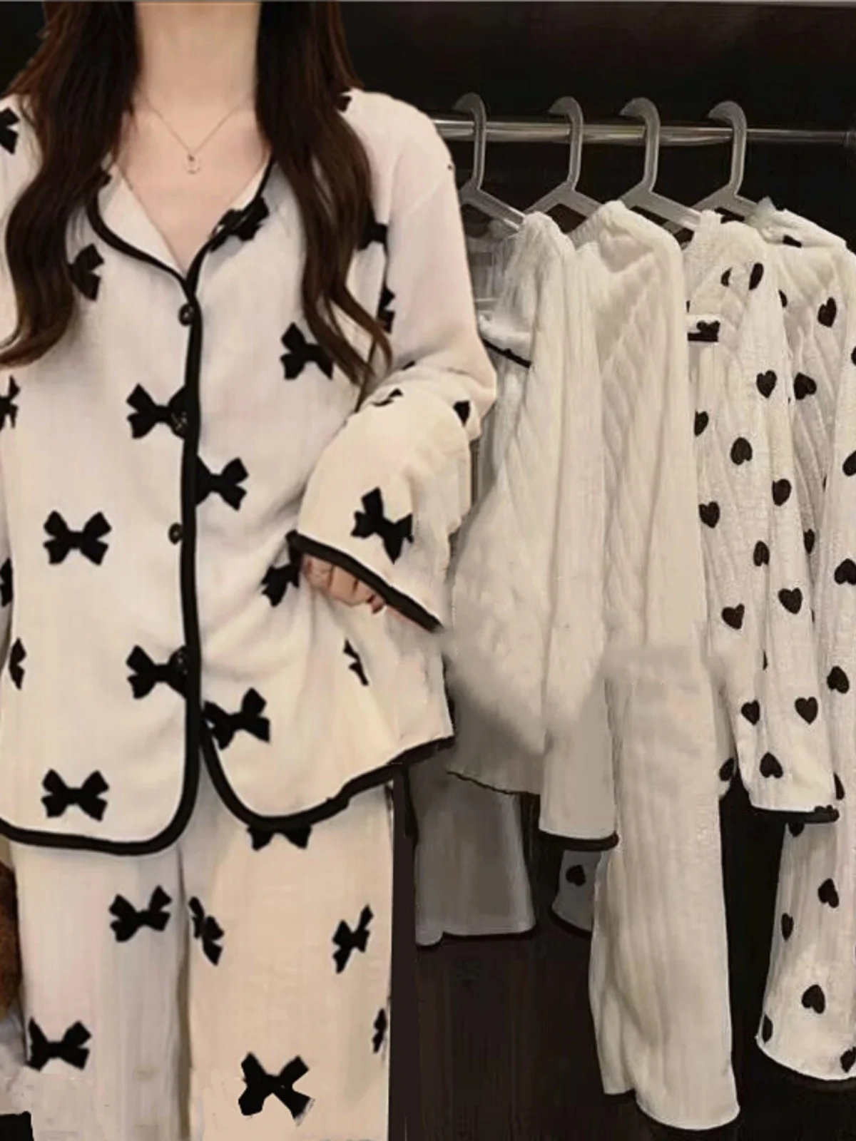 

Women's Coral Fleece Sleepwear Cardigan Long Sleeve Long Pants Home Clothes Sweet Style Autumn Winter Thickened Home Clothes