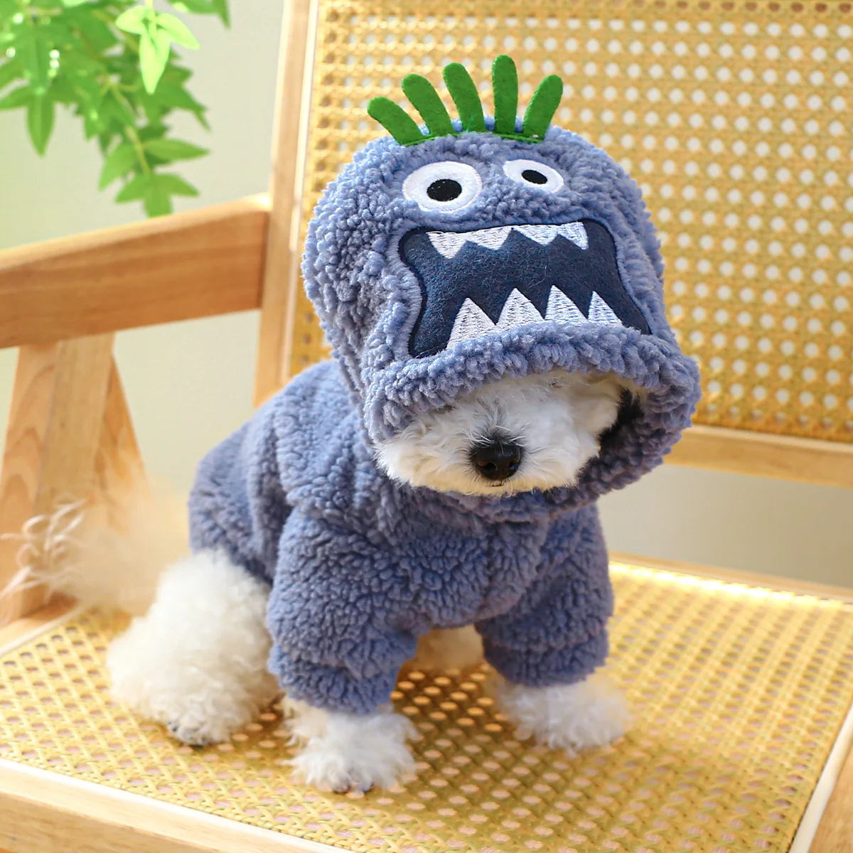 1PC Pet Apparel Dog Autumn and Winter Warmth Thickened Blue Funny Hooded Coat With Drawstring Buckle For Small Medium Dogs