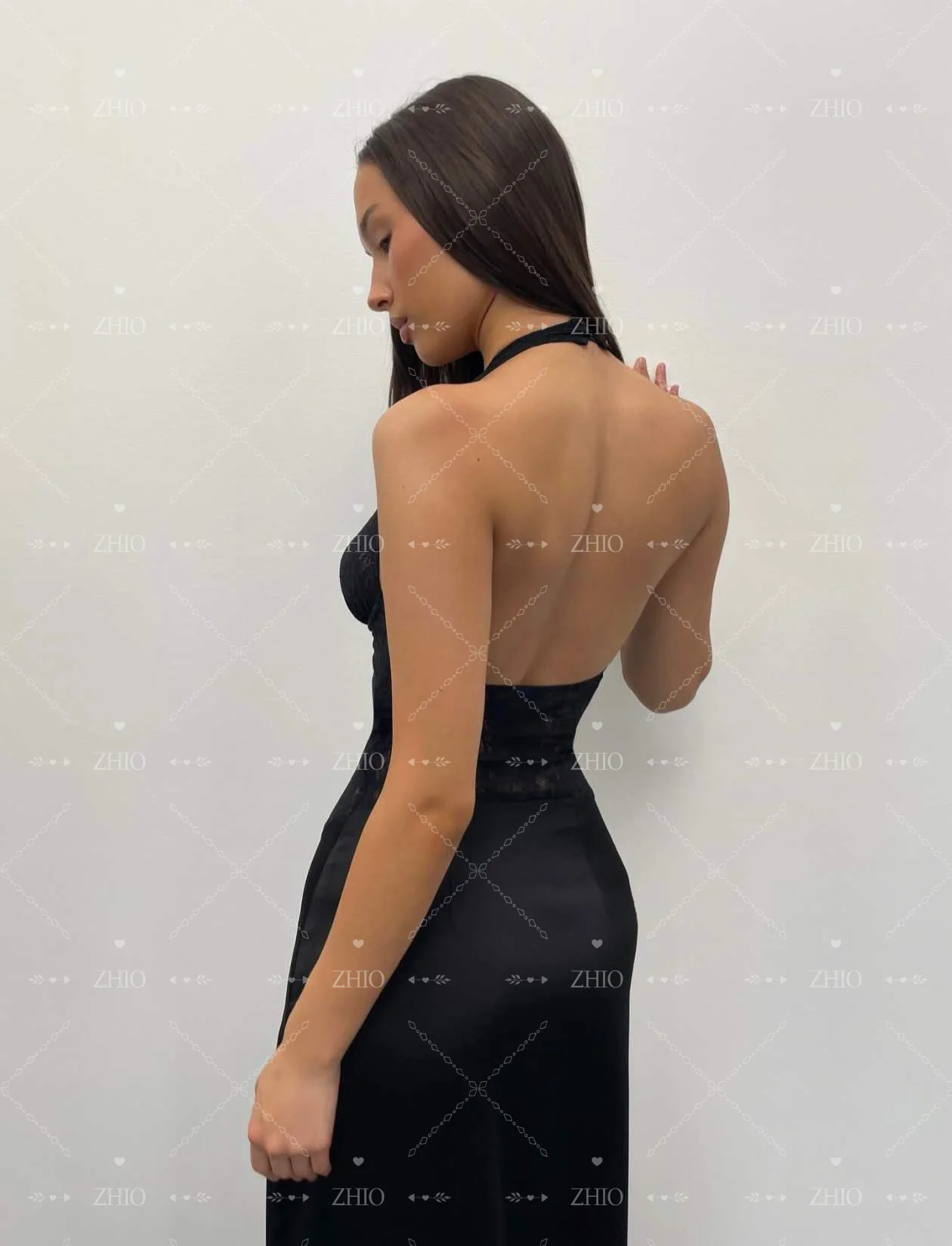 ZHIO Elegante abito da sera nero Halter Backless in raso con sirena in pizzo Lunghezza pavimento Occasioni formali Abito da ballo per feste Personalizzato