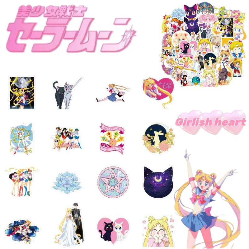 Pegatinas de Sailor Moon, dibujos animados, lindas, a la moda, impermeables, portátiles, de Usagi Tsukino y Luna, para cuadernos de estudiantes, pegatinas decorativas